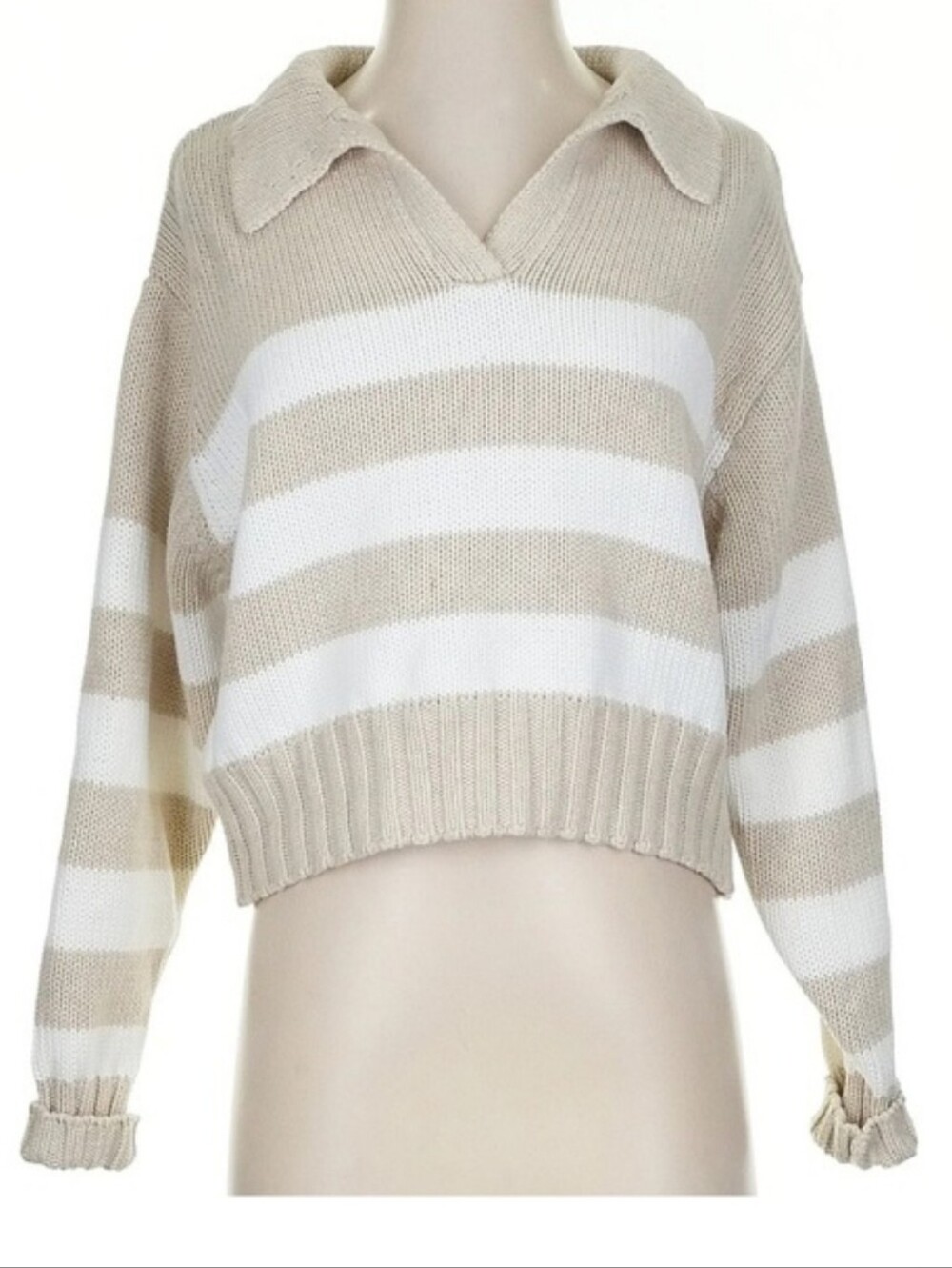 Quince 100% Organic Cropped Cotton Polo Sweater Beige Ivory Stripe